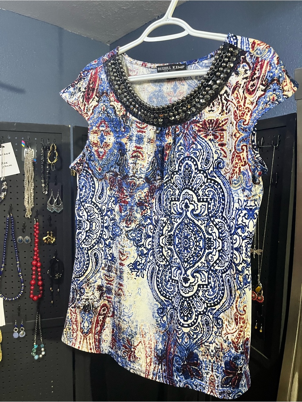 Russell Kemp Blue and Black Paisley Beaded Neck Cap-Sleeve Tunic plus Earrings